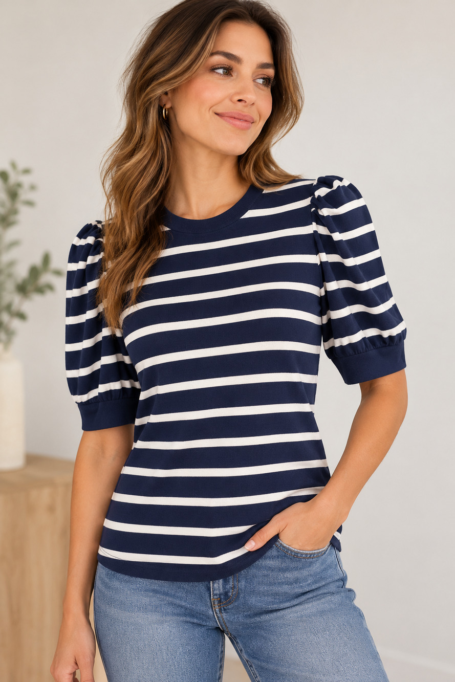 LOFT Navy Blue & White Striped Puff Sleeve Knit Top Size S